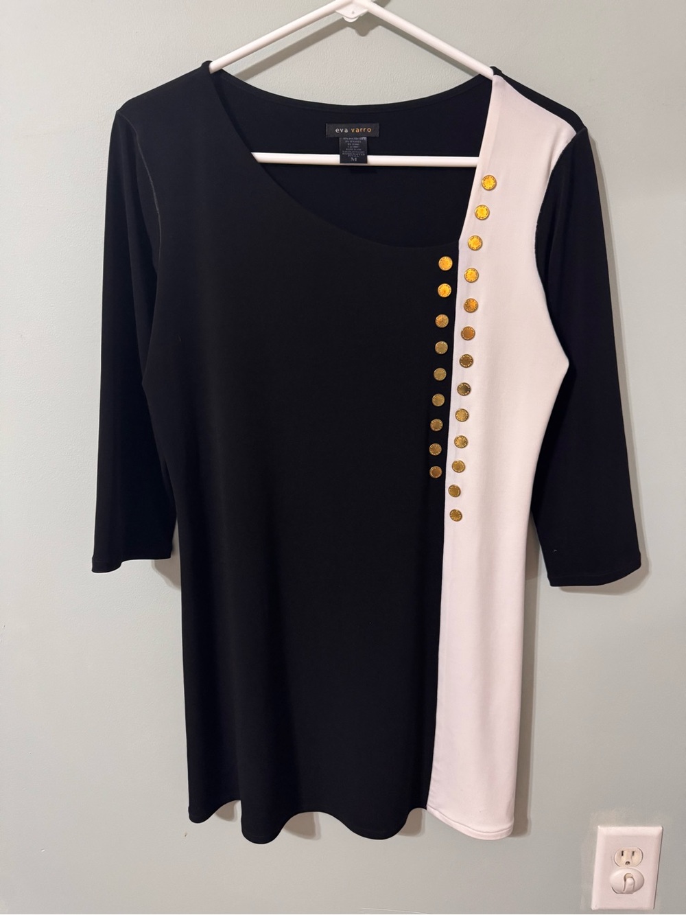 Eva Varro colorblock tunic asymmetrical gold button embellishment size M